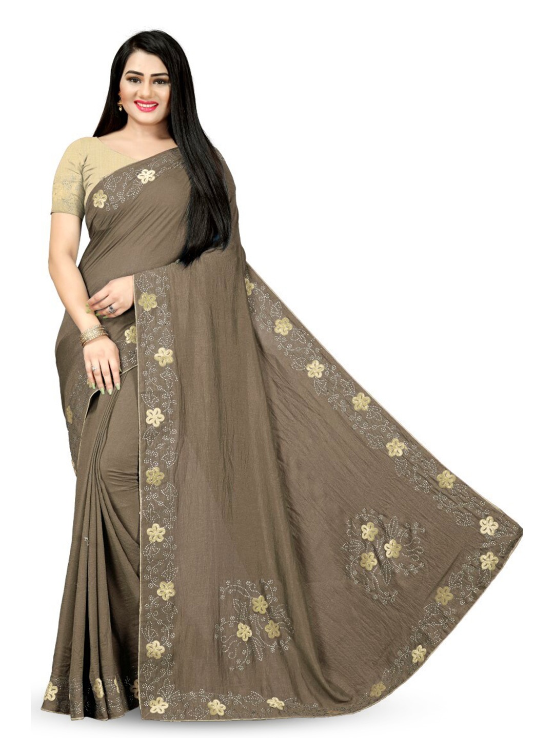 

PUNYATHA CREATION Embellished Beads and Stones Saree, Brown
