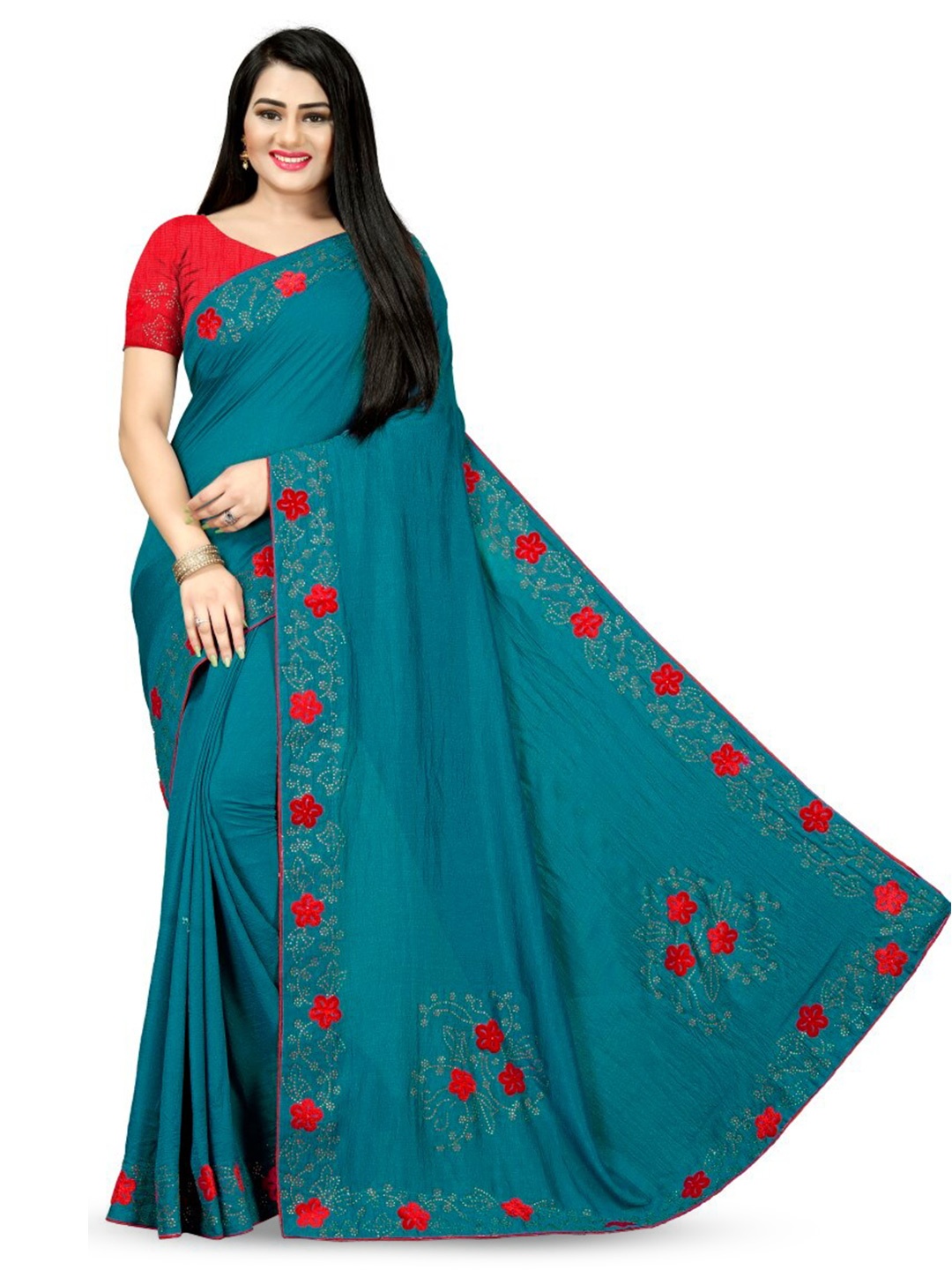 

PUNYATHA CREATION Floral Embroidered Paithani Saree, Teal