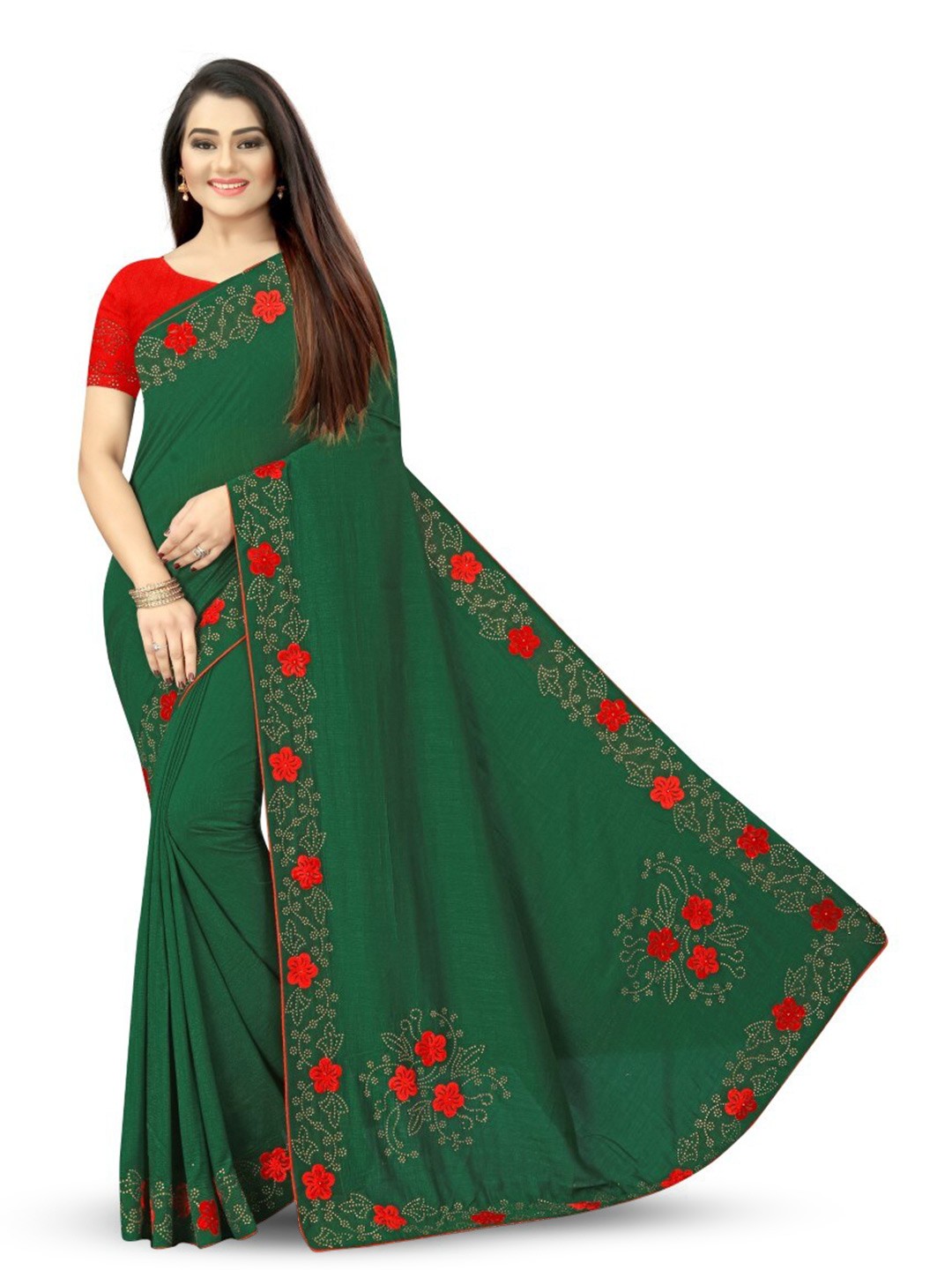 

PUNYATHA CREATION Floral Embroidered Saree, Green