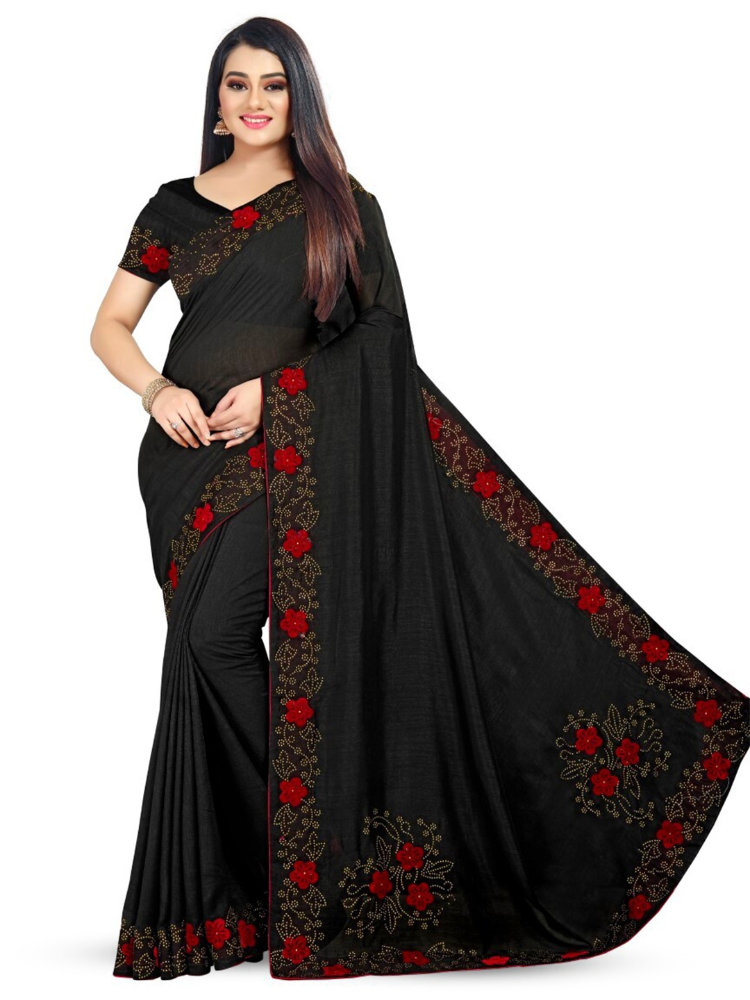 

PUNYATHA CREATION Floral Embroidered Paithani Saree, Black