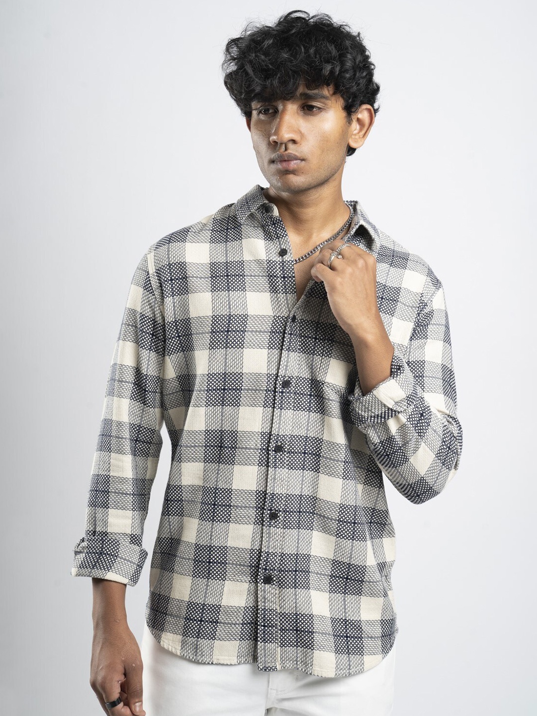 

BOYCOTT Modern Tartan Checked Casual Shirt, Cream