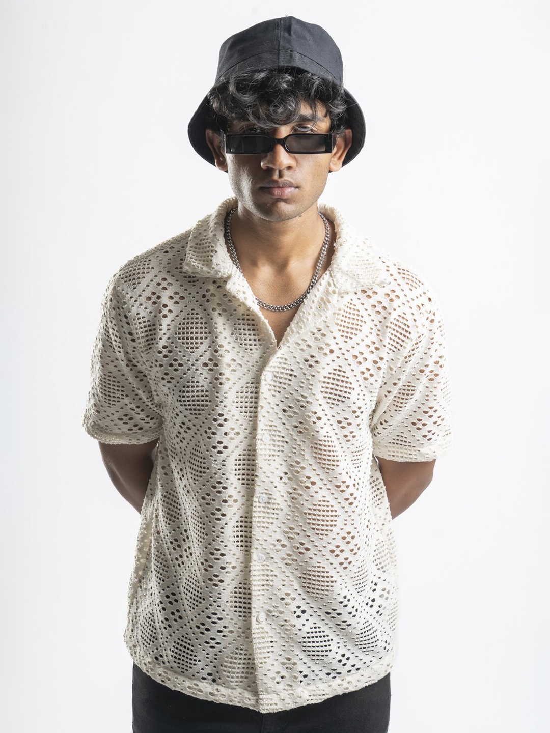 

BOYCOTT Modern Crochet Casual Shirt, Cream