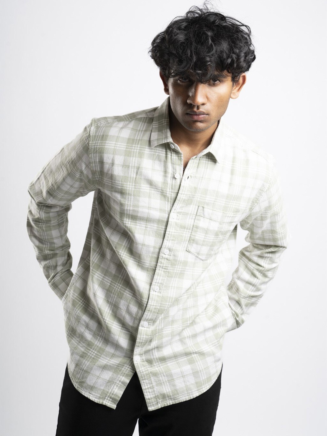 

BOYCOTT Modern Tartan Checked Spread Collar Casual Shirt, Green