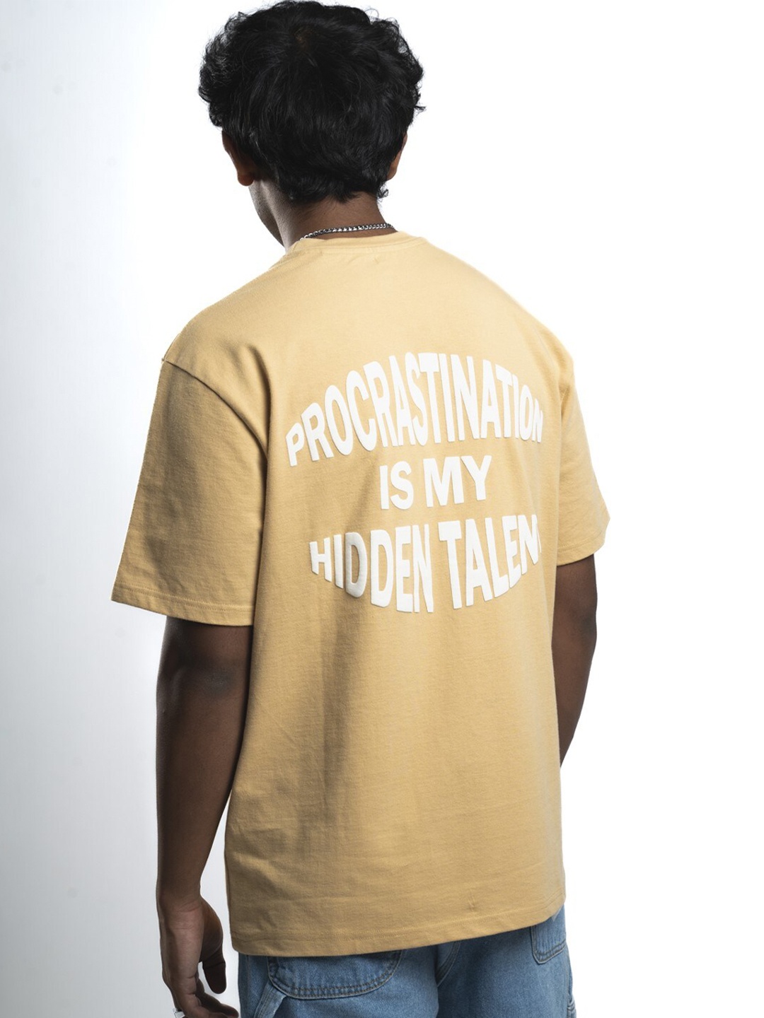 

BOYCOTT Typography Printed Oversized Cotton Drop-Shoulder Sleeves T-shirt, Beige