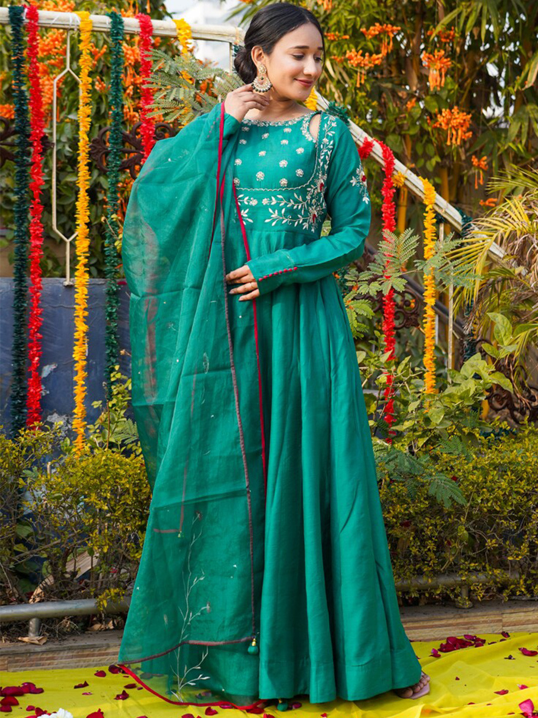 

Rangeelo Floral Print Round Neck Fit & Flare Dress, Green