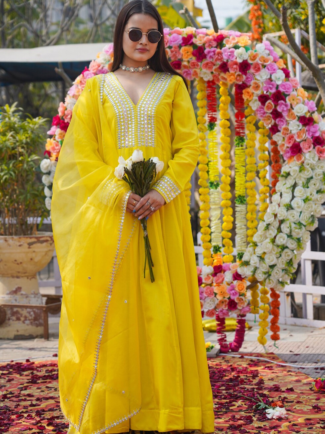 

Rangeelo Mirror Work Embellished V-Neck Silk Maxi Ethnic Dress With Dupatta, Yellow