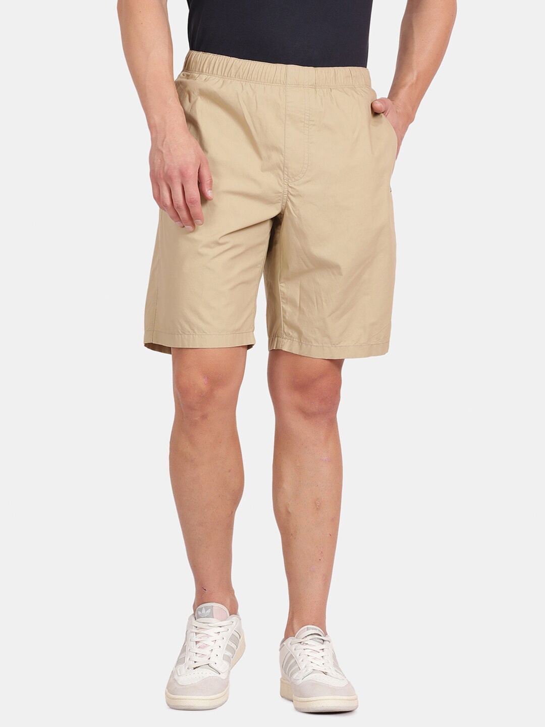 

t-base Men Mid Rise Pure Cotton Shorts, Beige