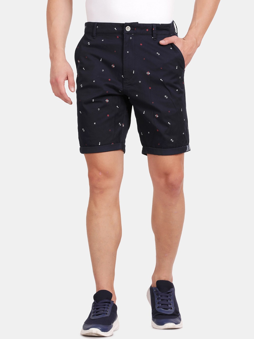 

t-base Men Conversational Printed Mid-Rise Shorts, Blue