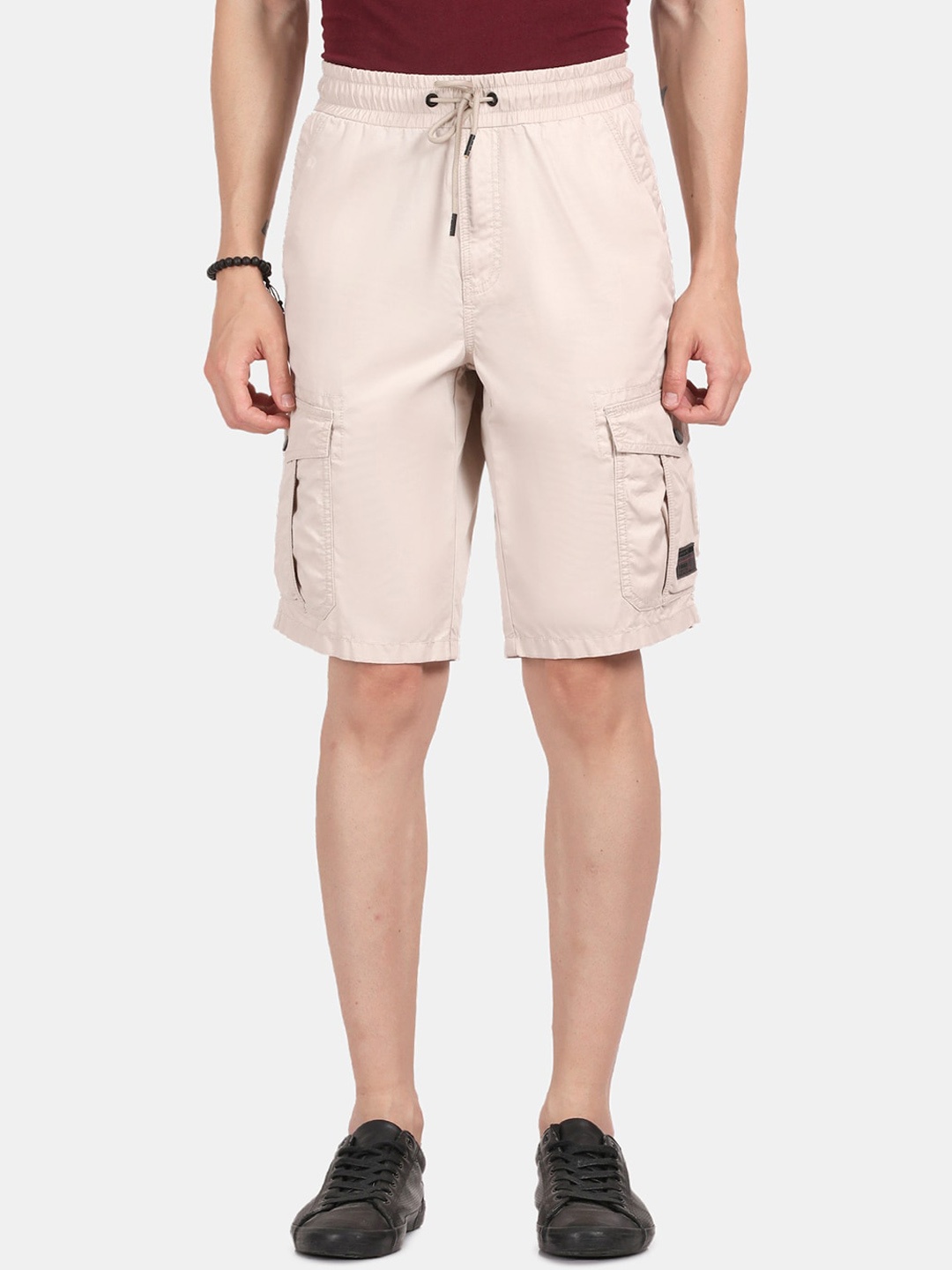 

t-base Men Mid-Rise Pure Cotton Cargo Shorts, Cream