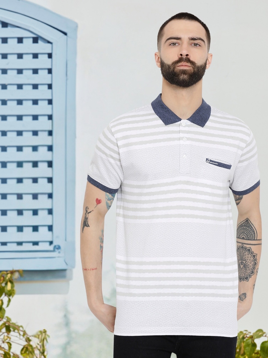 

AXMANN Striped Polo Collar Cotton T-shirt, White