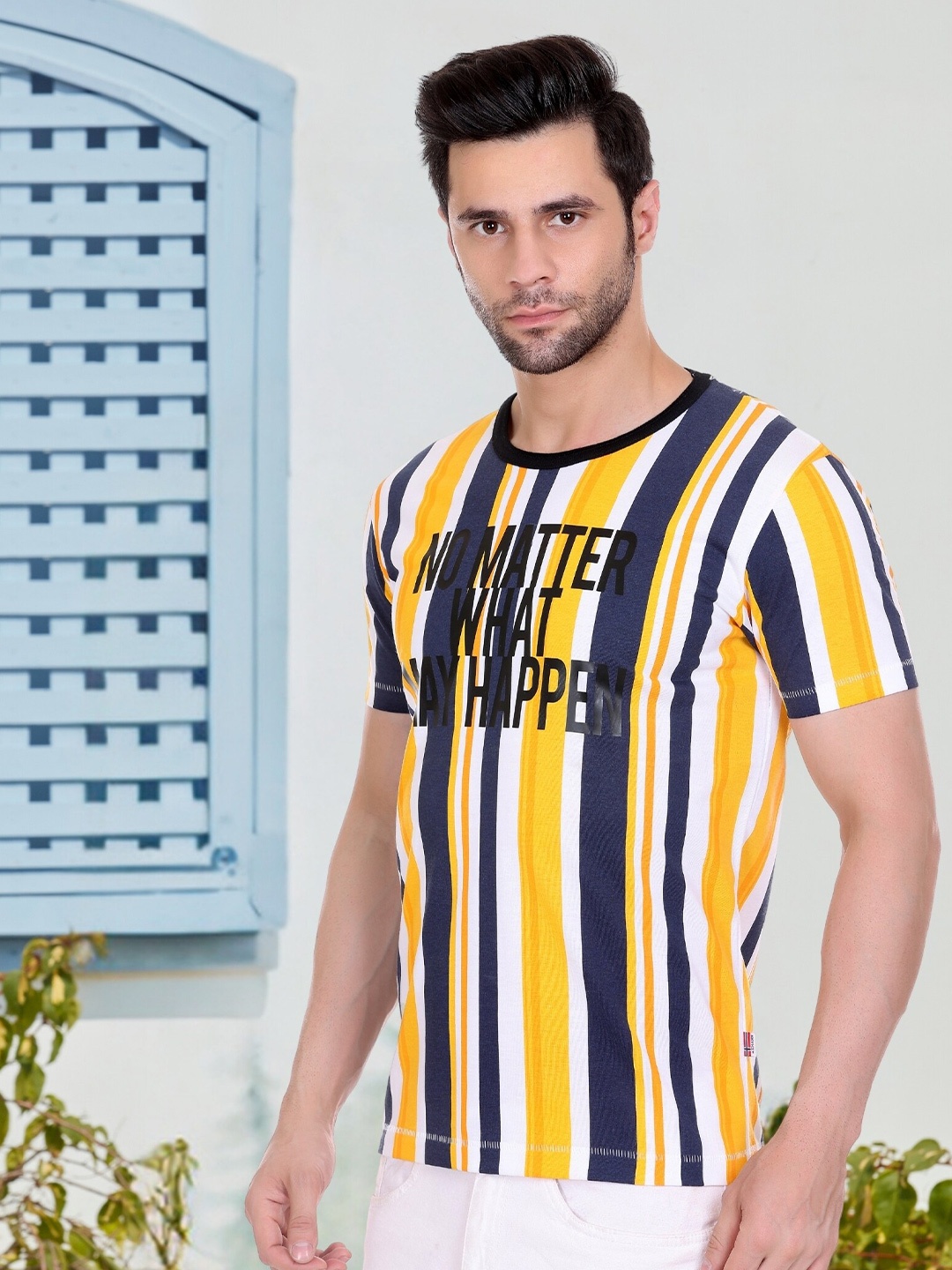 

AXMANN Striped Round Neck Cotton Casual T-shirt, Yellow