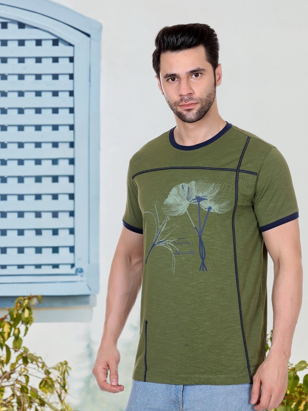

AXMANN Floral Printed Round Neck Cotton Casual T-shirt, Green
