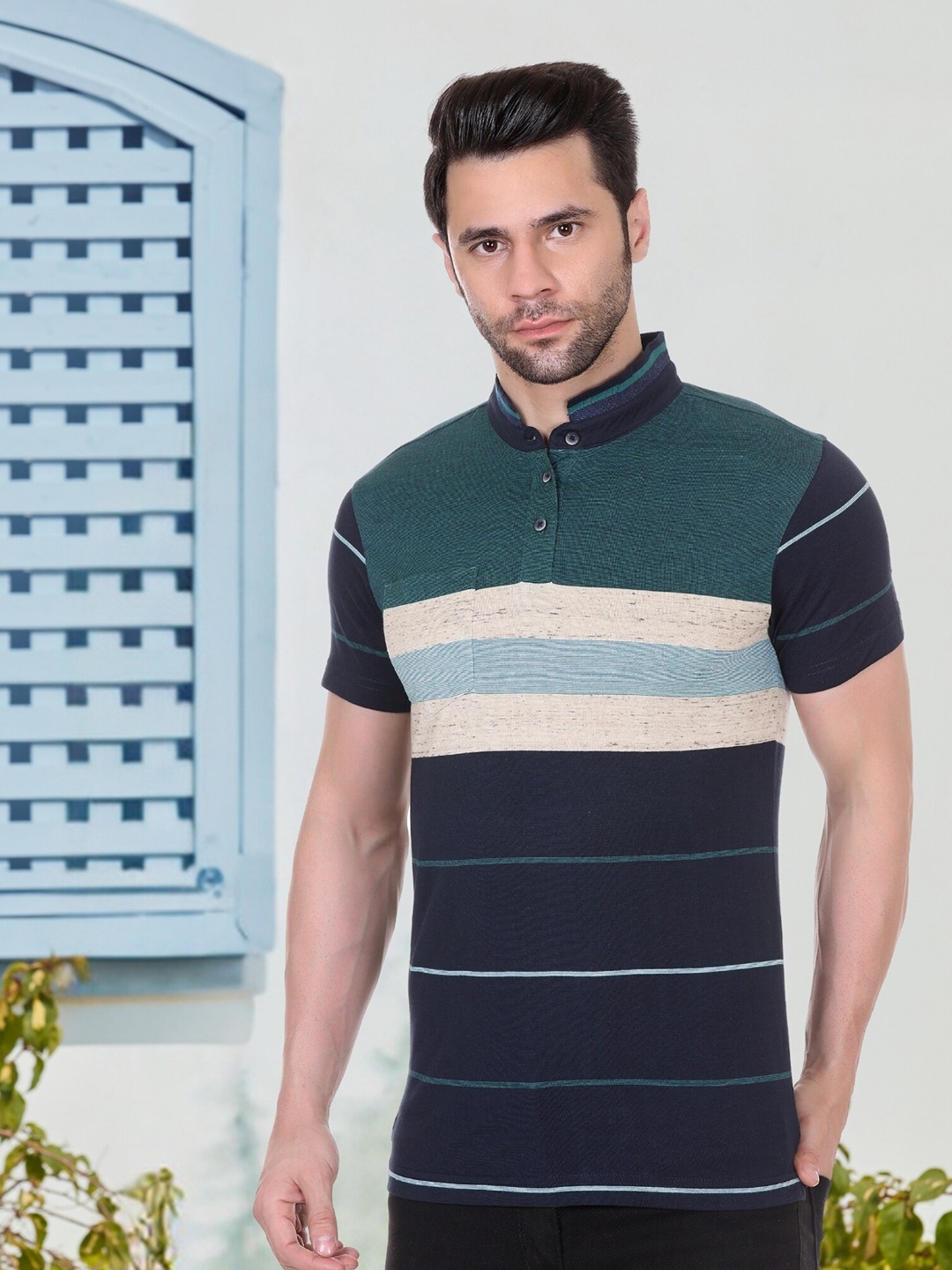 

AXMANN Striped Mandarin Collar Cotton T-shirt, Navy blue