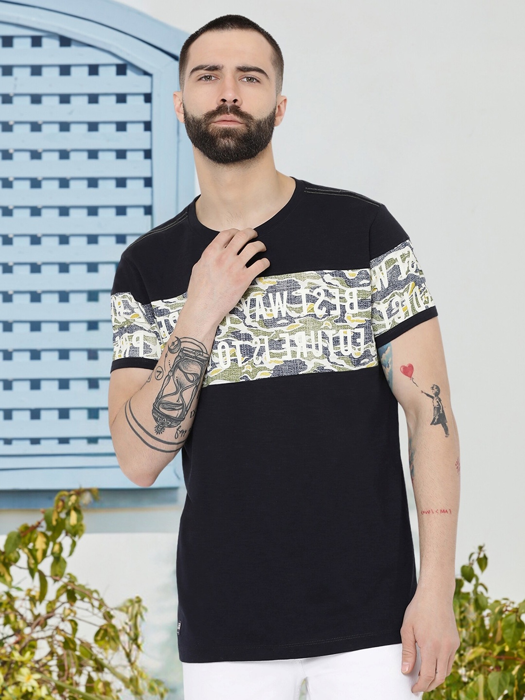

AXMANN Typography Printed Cotton T-shirt, Navy blue