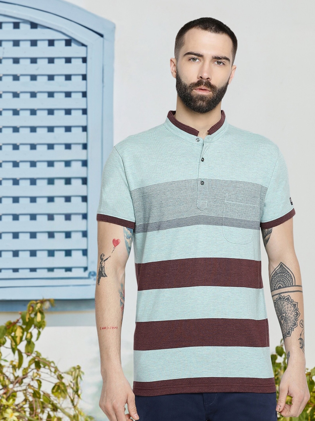 

AXMANN Striped Mandarin Collar Cotton Casual T-shirt, Green