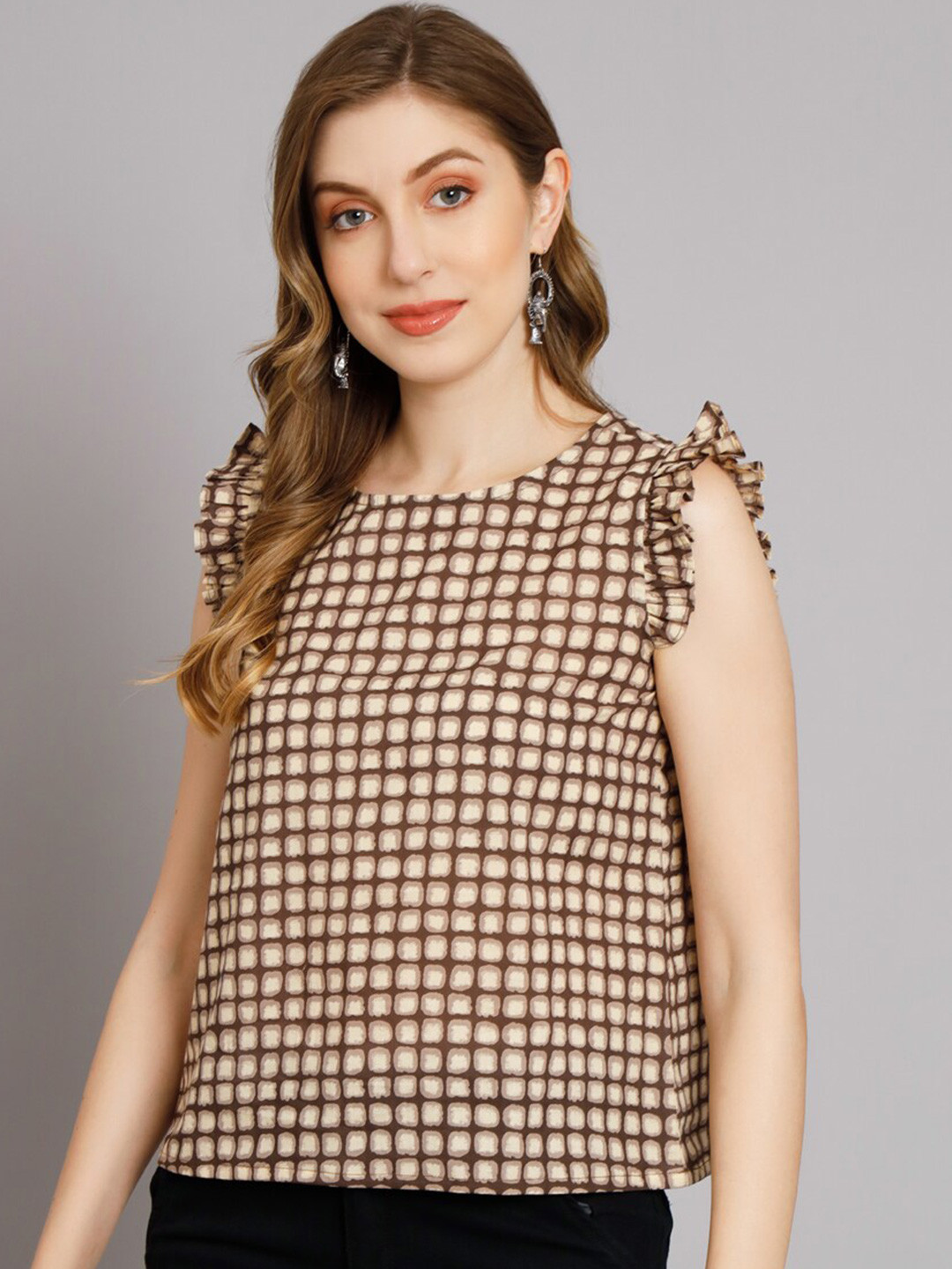 

KALINI Checked Ruffles Cotton Top, Brown