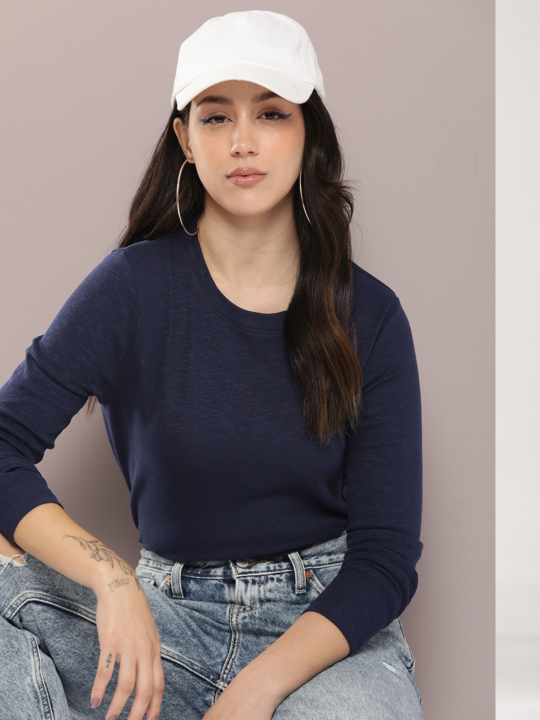 

Kook N Keech Women Solid Ribbed T-shirt, Navy blue