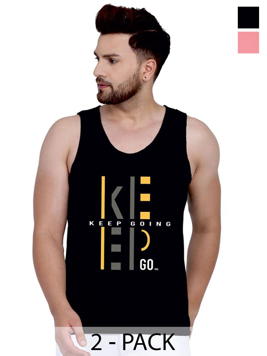 

SLOWLORIS Pack Of 2 Printed Cotton Innerwear Vests SL026 (BLACK KEEP) (PEACH NVR)