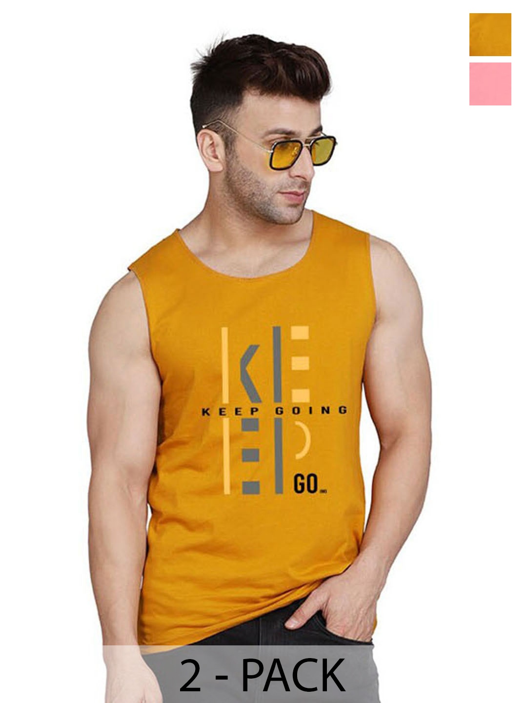 

SLOWLORIS Pack Of 2 Typography Printed Sleeves Bio Wash Innerwear Vests, Mustard