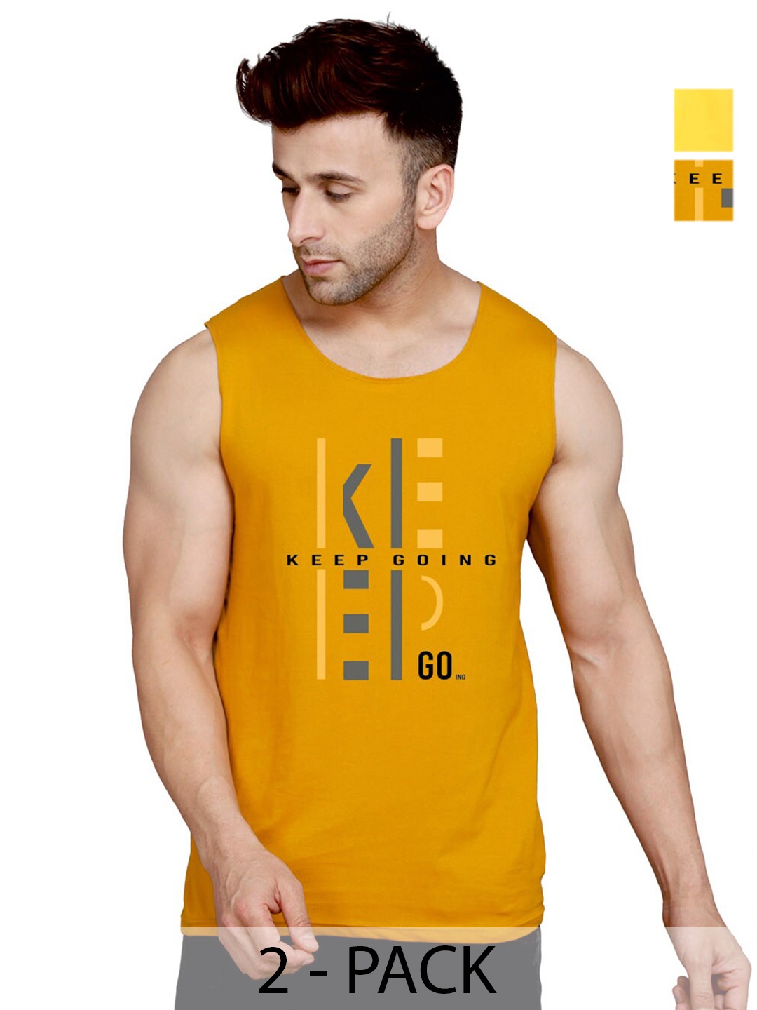 

SLOWLORIS Pack Of 2 Printed Bio-Wash Gym Vest, Mustard