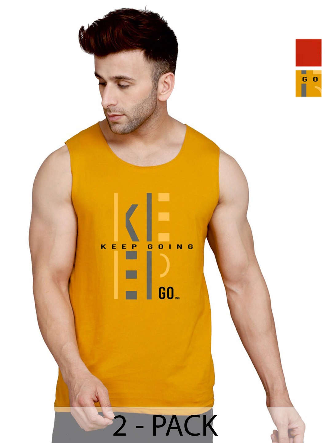 

SLOWLORIS Pack Of 2 Printed Bio-Wash Gym Vest, Mustard