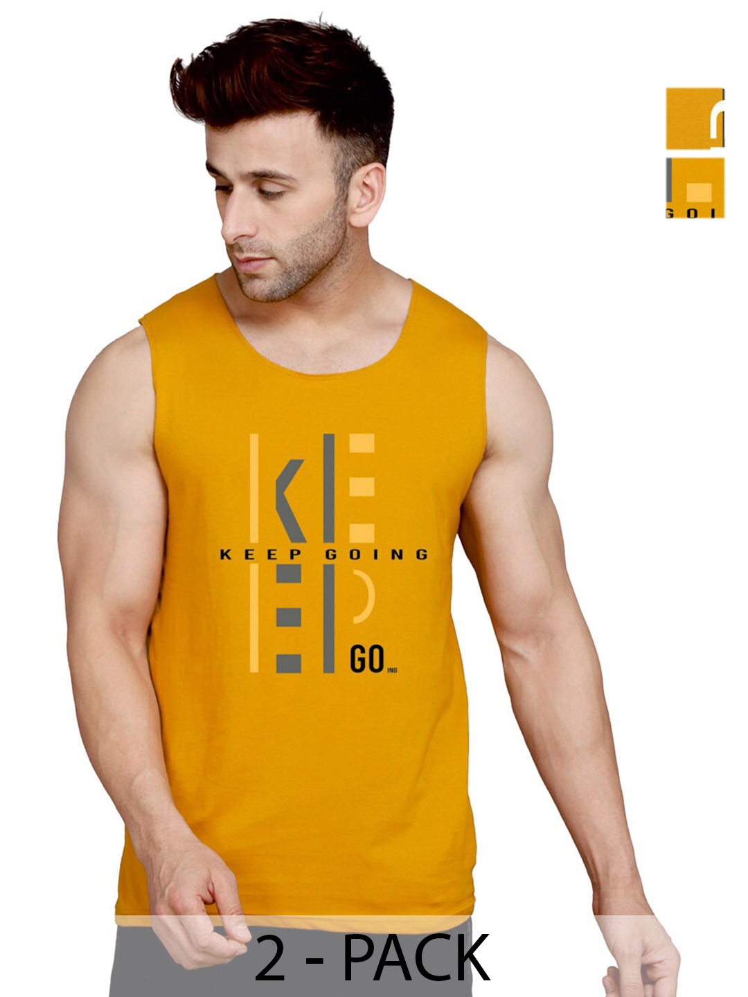 

SLOWLORIS Pack Of 2 Printed Bio Wash Combed Cotton Innerwear Vests, Mustard