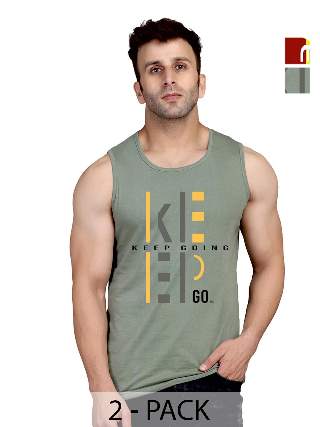 

SLOWLORIS Pack Of 2 Typography Printed Breathability Pure Cotton Gym Vest, Green