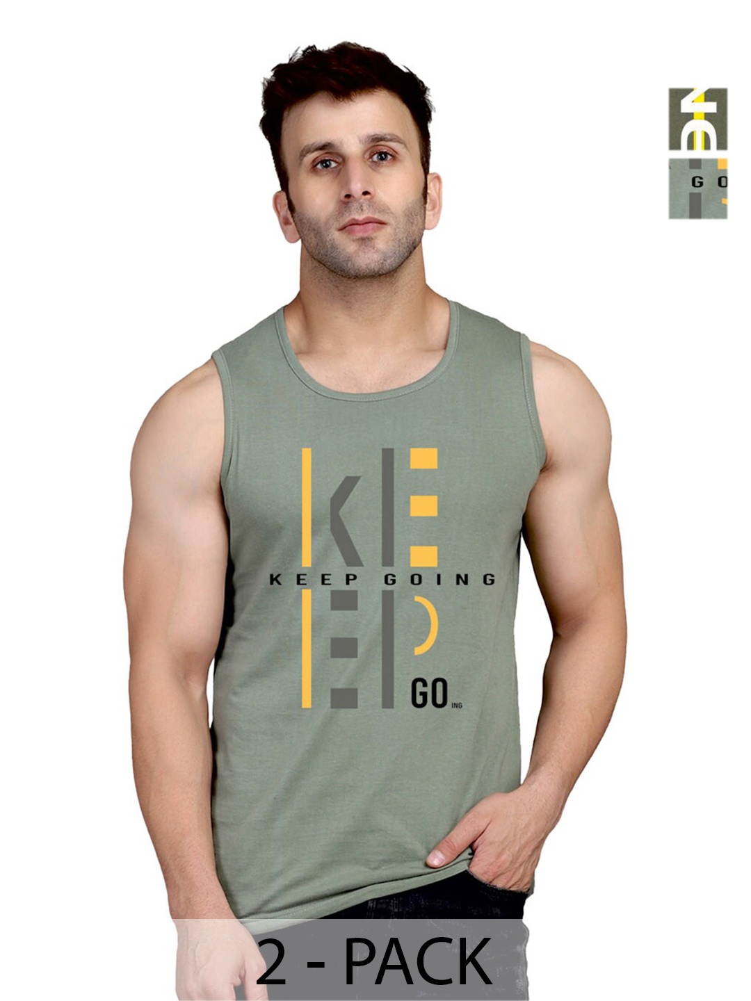 SLOWLORIS Pack Of 2 Printed Bio-Wash Gym Vest, Green
