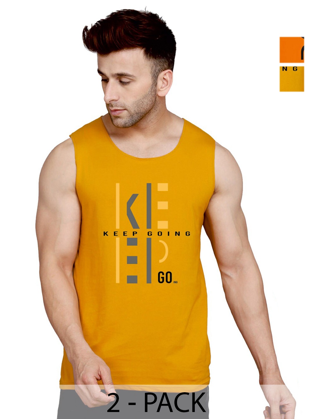 SLOWLORIS Pack Of 2 Printed Bio Wash Combed Cotton Innerwear Vests, Mustard