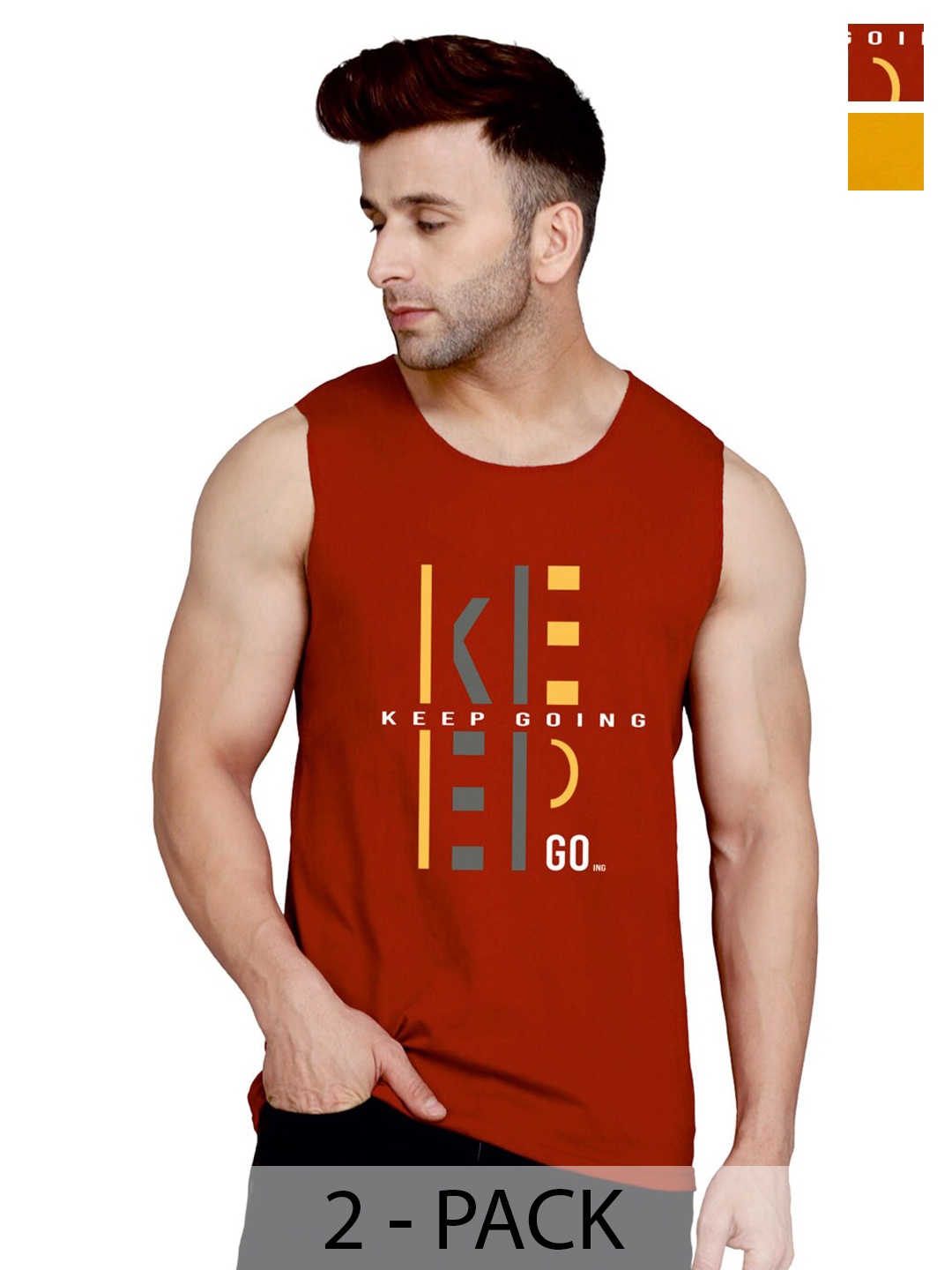 SLOWLORIS Pack Of 2 Typography Printed Bio-Wash Gym Vest, Maroon