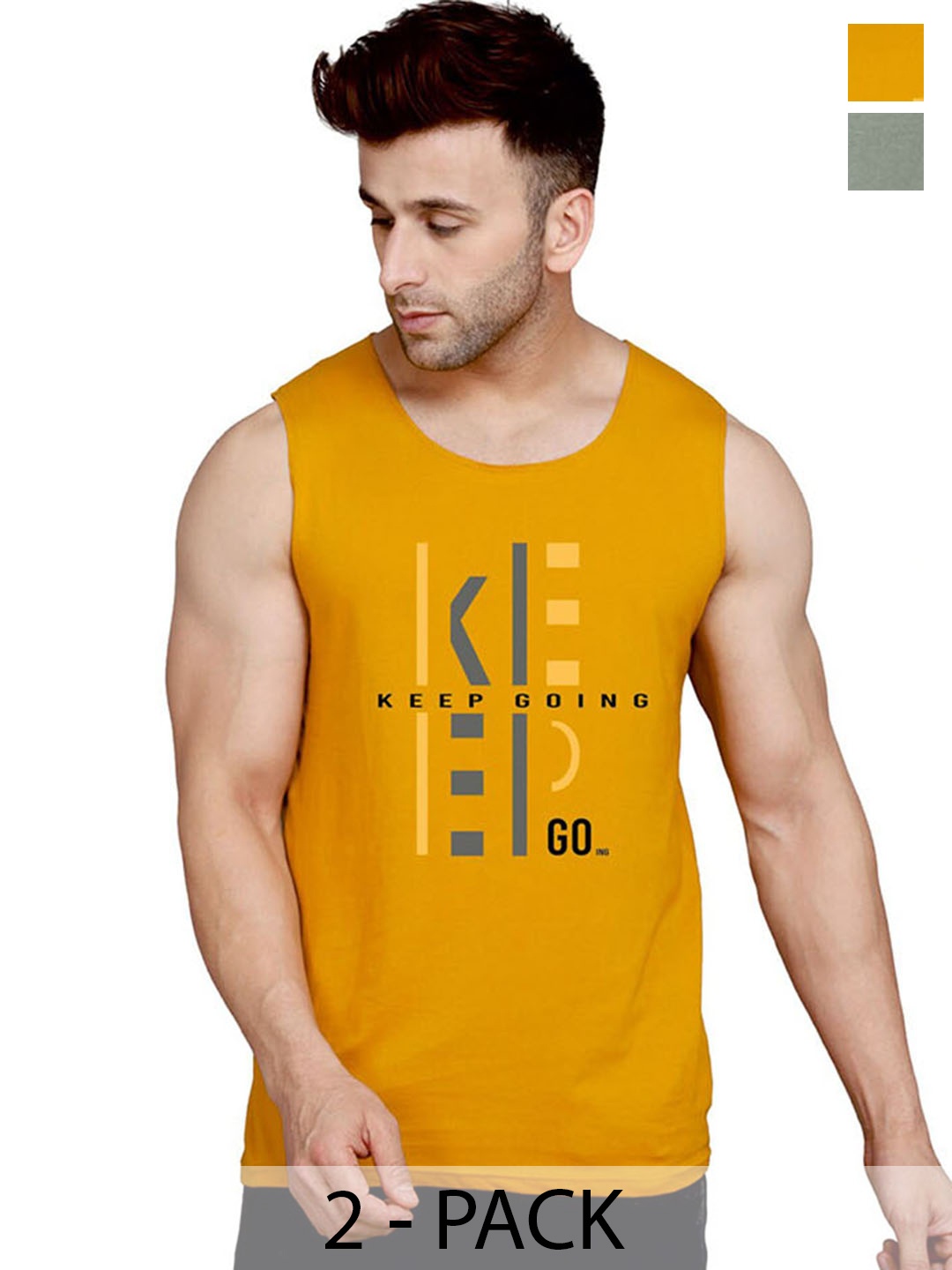 

SLOWLORIS Pack Of 2 Printed Bio-Wash Gym Vest, Mustard