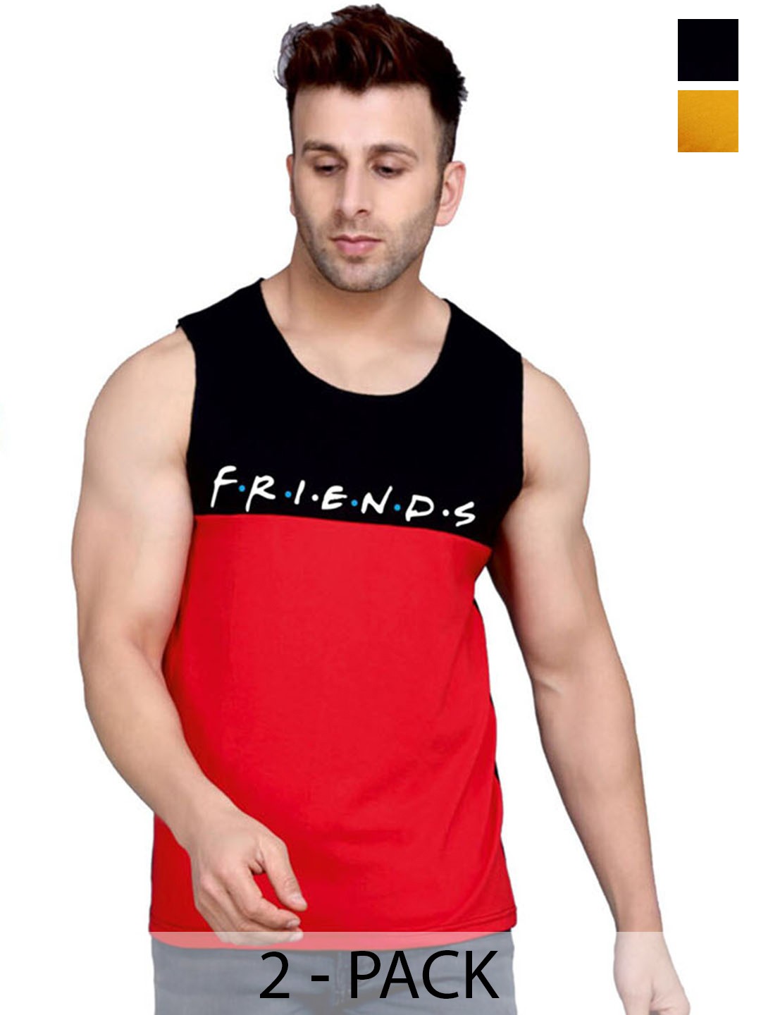 

SLOWLORIS Pack Of 2 Printed Bio Wash Combed Cotton Innerwear Vests, Mustard