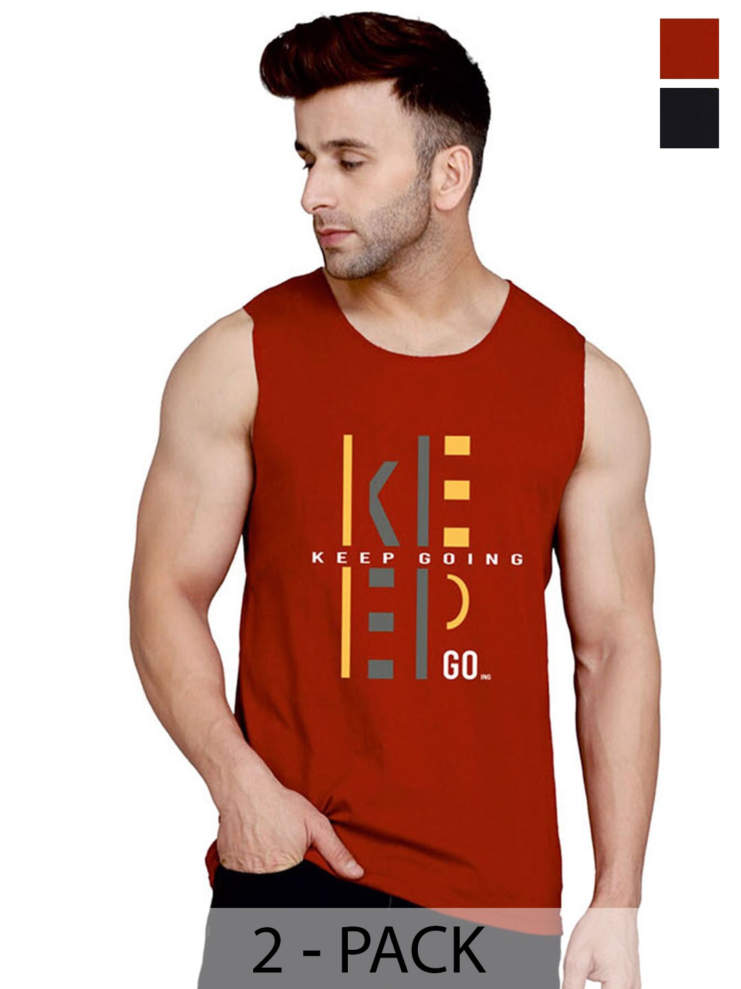 

SLOWLORIS Pack Of 2 Printed Bio-Wash Cotton Gym Vest, Maroon