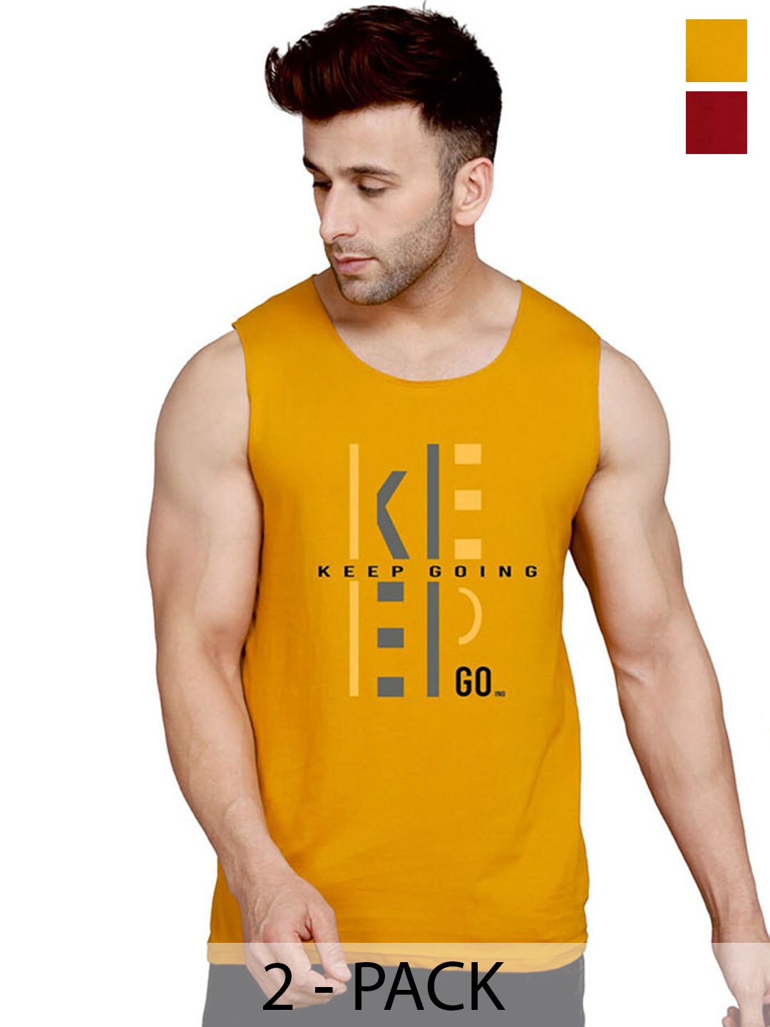 

SLOWLORIS Pack Of 2 Printed Bio-Wash Gym Vest, Mustard