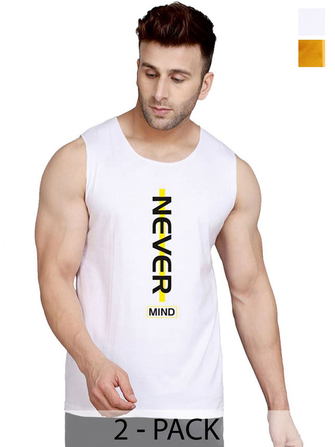 

SLOWLORIS Pack Of 2 Printed Cotton Innerwear Vests SL026 (MUSTARD KEEP) (WHITE NVR)