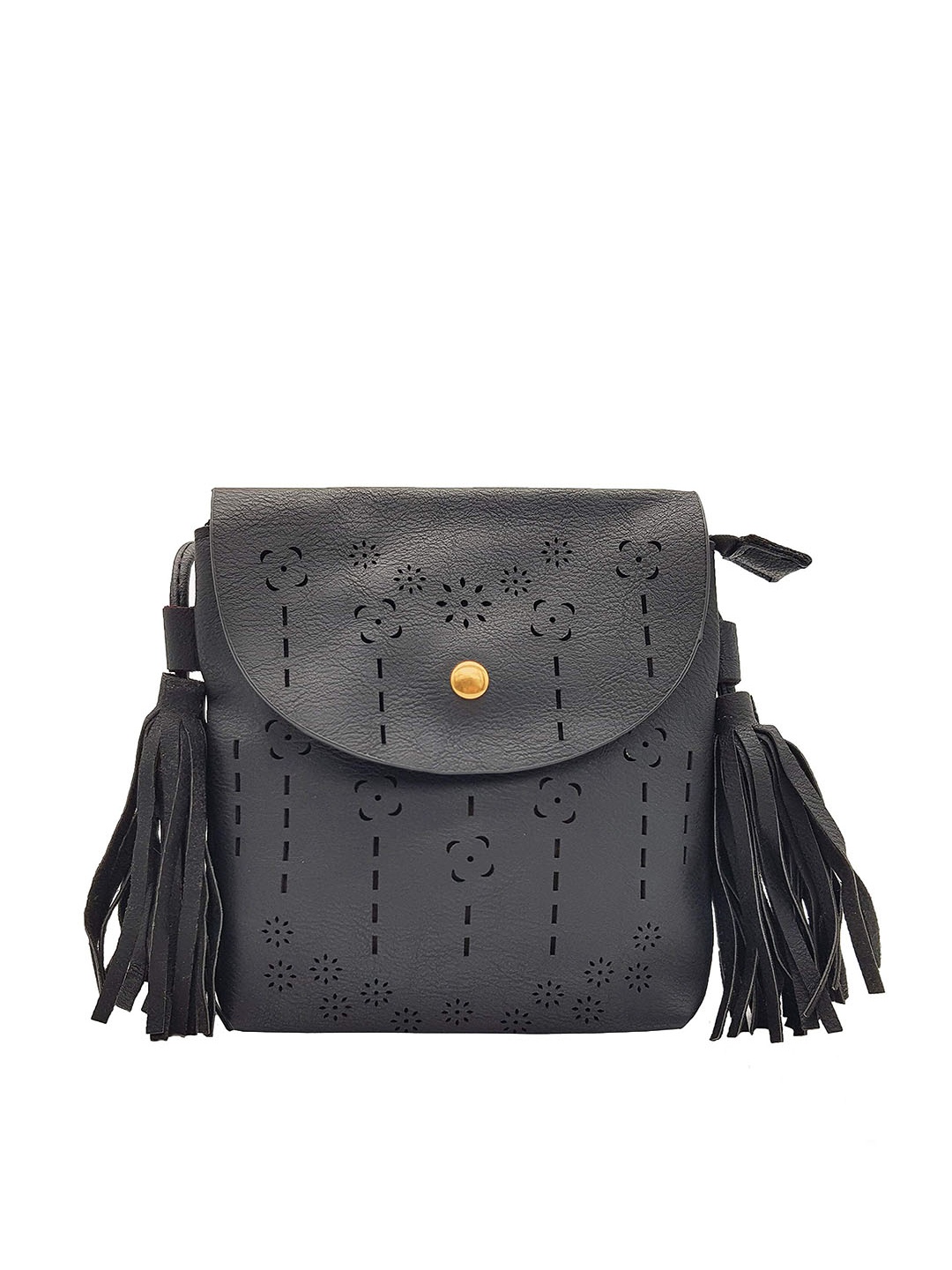 

JENNA Textured Cut Work Cross Body Miniature Sling Bag With Tasseled, Black