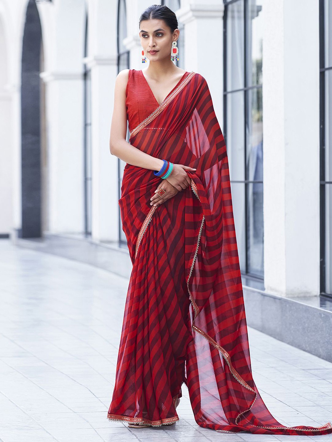 

Mitera Printed Gotta Patti Poly Georgette Leheriya Saree, Red