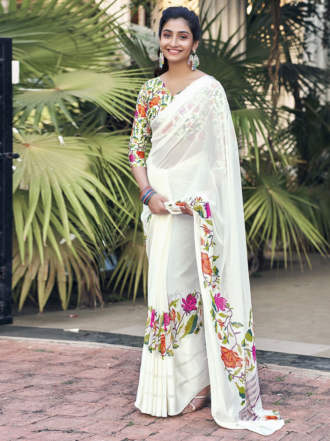 

Mitera Floral Printed Semi Sheer Saree, White