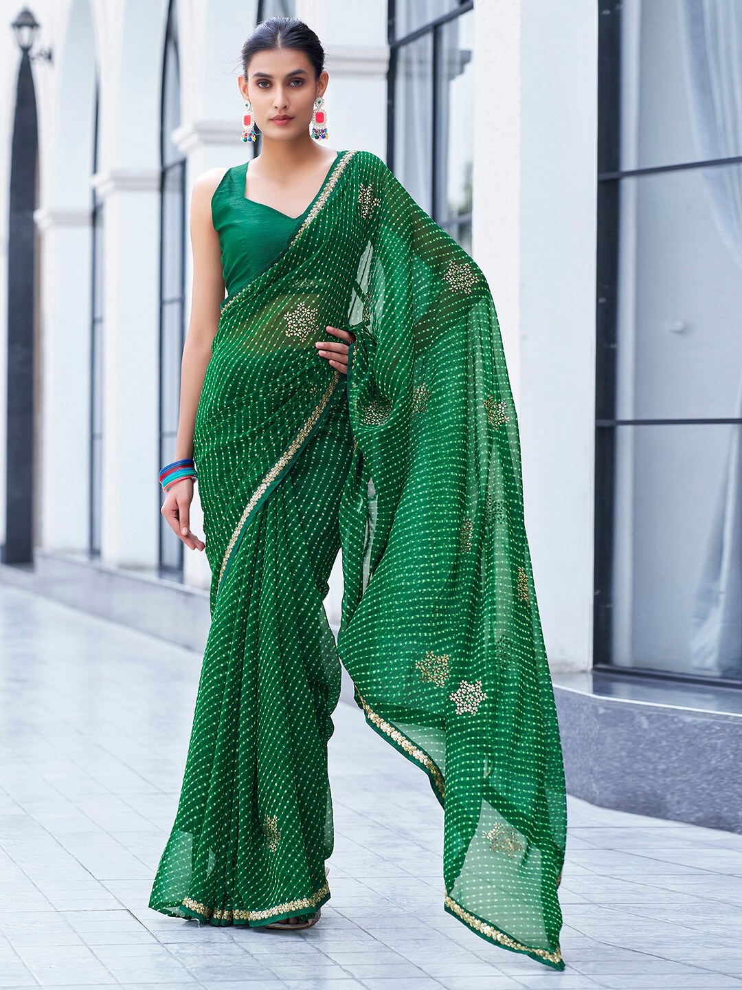

Mitera Striped Gotta Patti Maheshwari Saree, Green