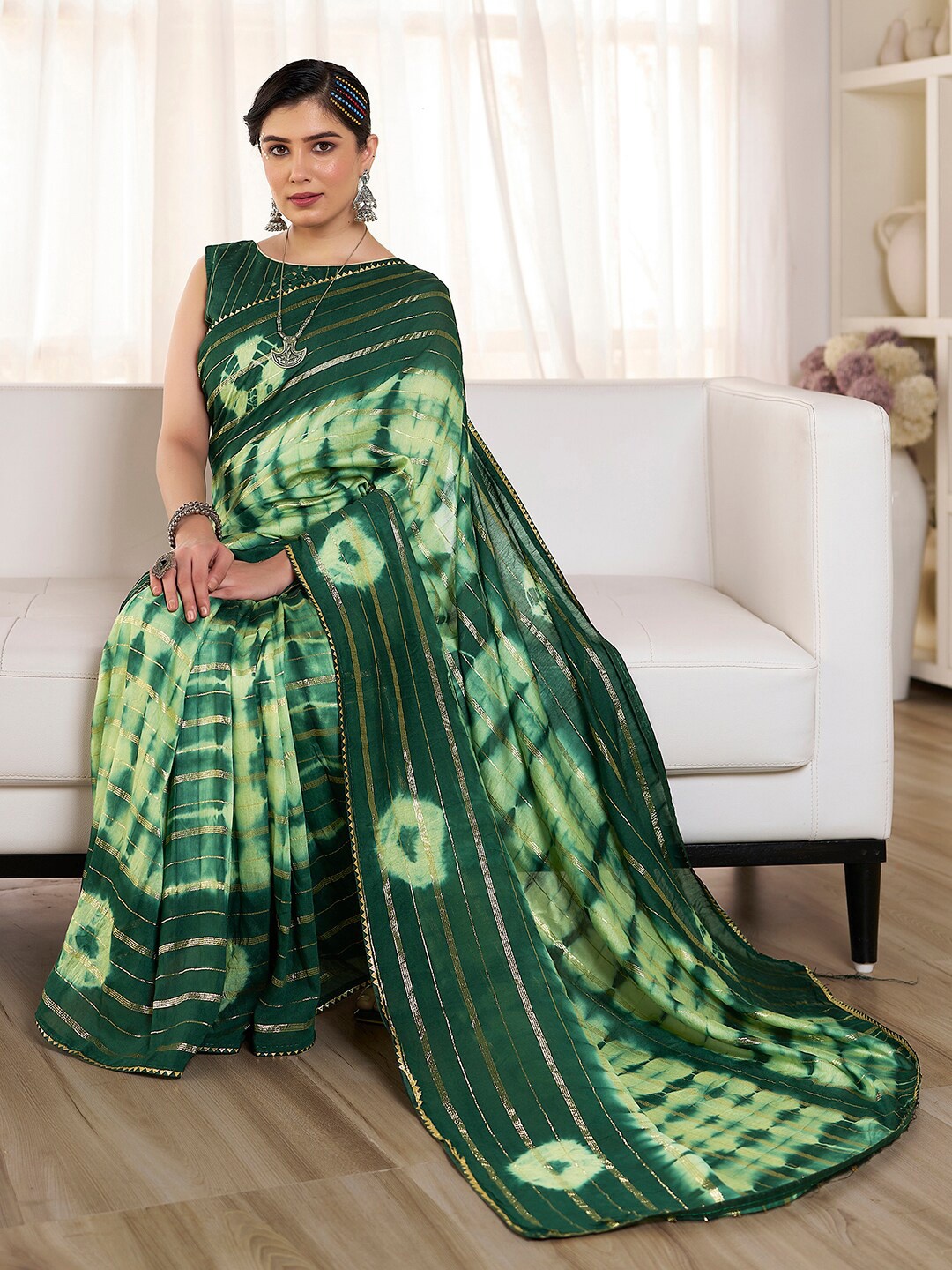 

Mitera Tie and Dye Dyed Read to Wear Saree, Green