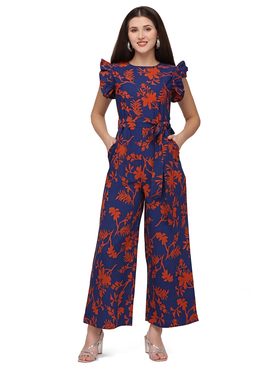 

Fashfun Floral Printed Flutter Sleeves Belted Basic Jumpsuit, Blue