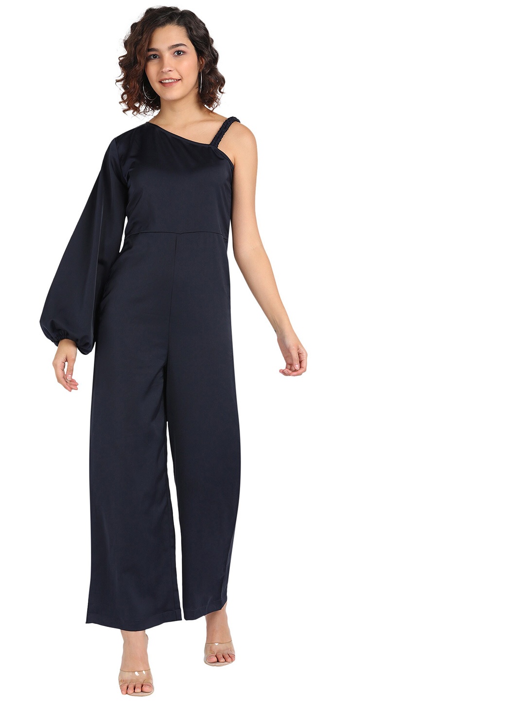 

Fashfun Asymmetric Neck Puff Sleeves Basic Jumpsuit, Navy blue