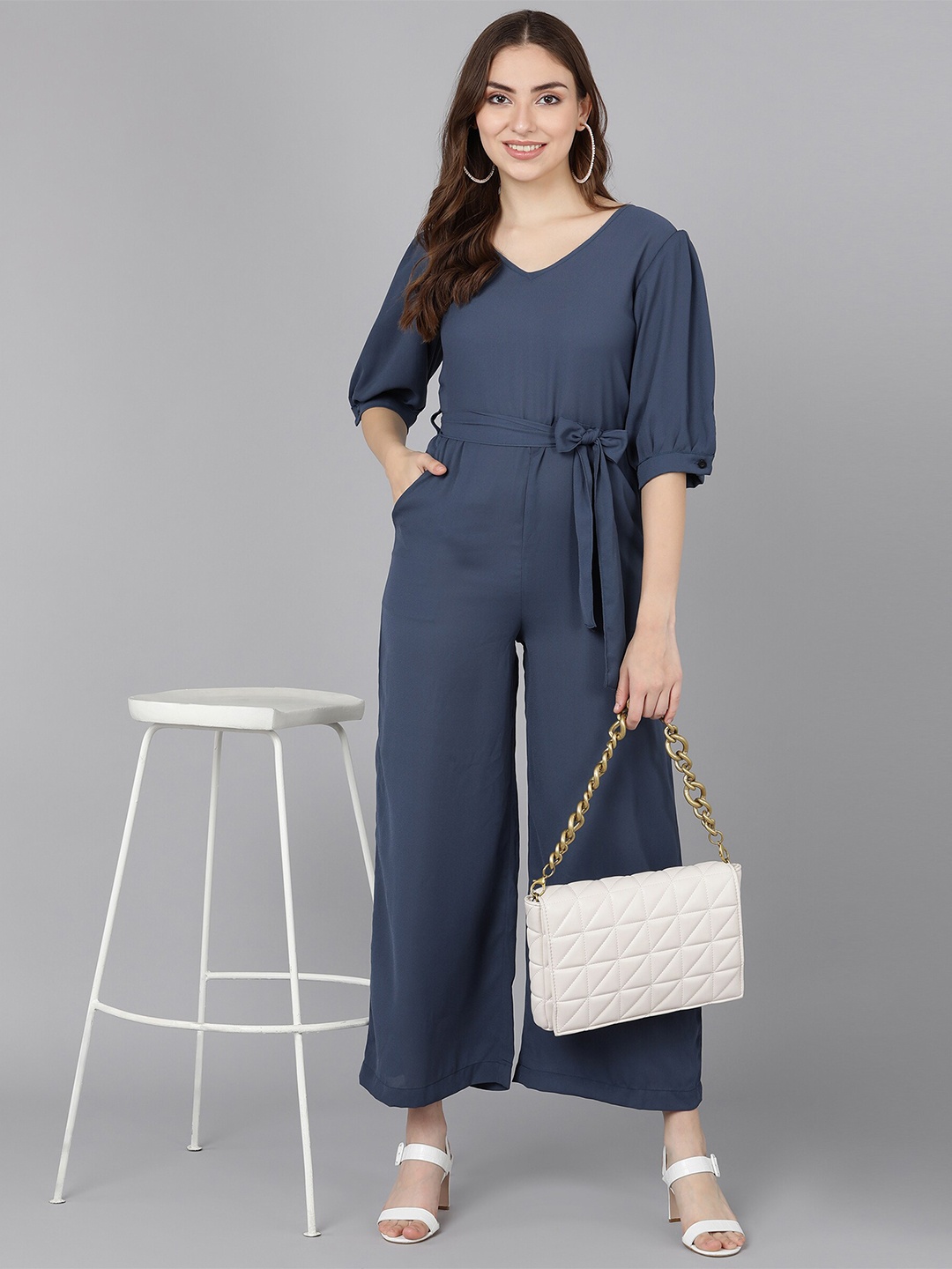 

Fashfun V-Neck Belted Basic Jumpsuit, Blue