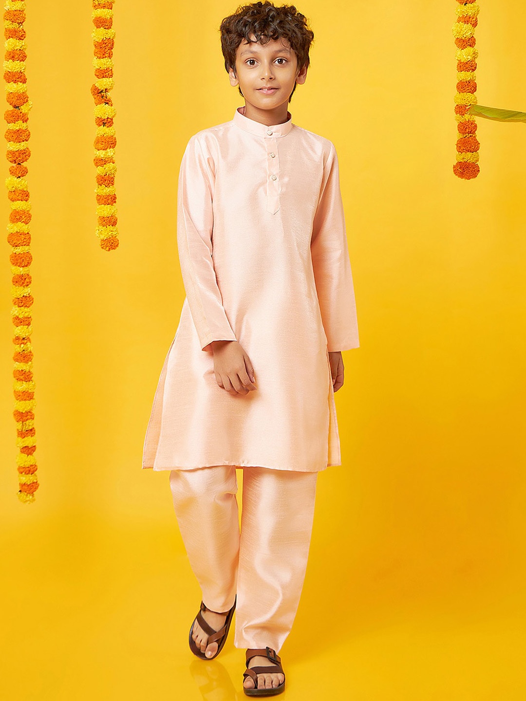 

BonOrganik Boys Band Collar Pure Silk Straight Kurta with Pyjamas, Peach