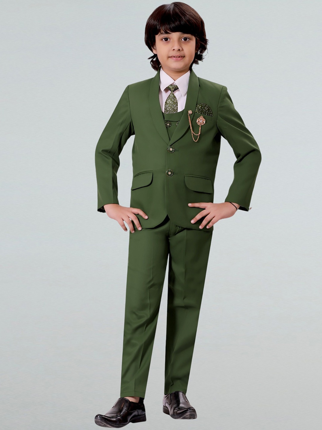 

BT DEZINES Boys Single-Breasted Five-Piece Party Suit, Green