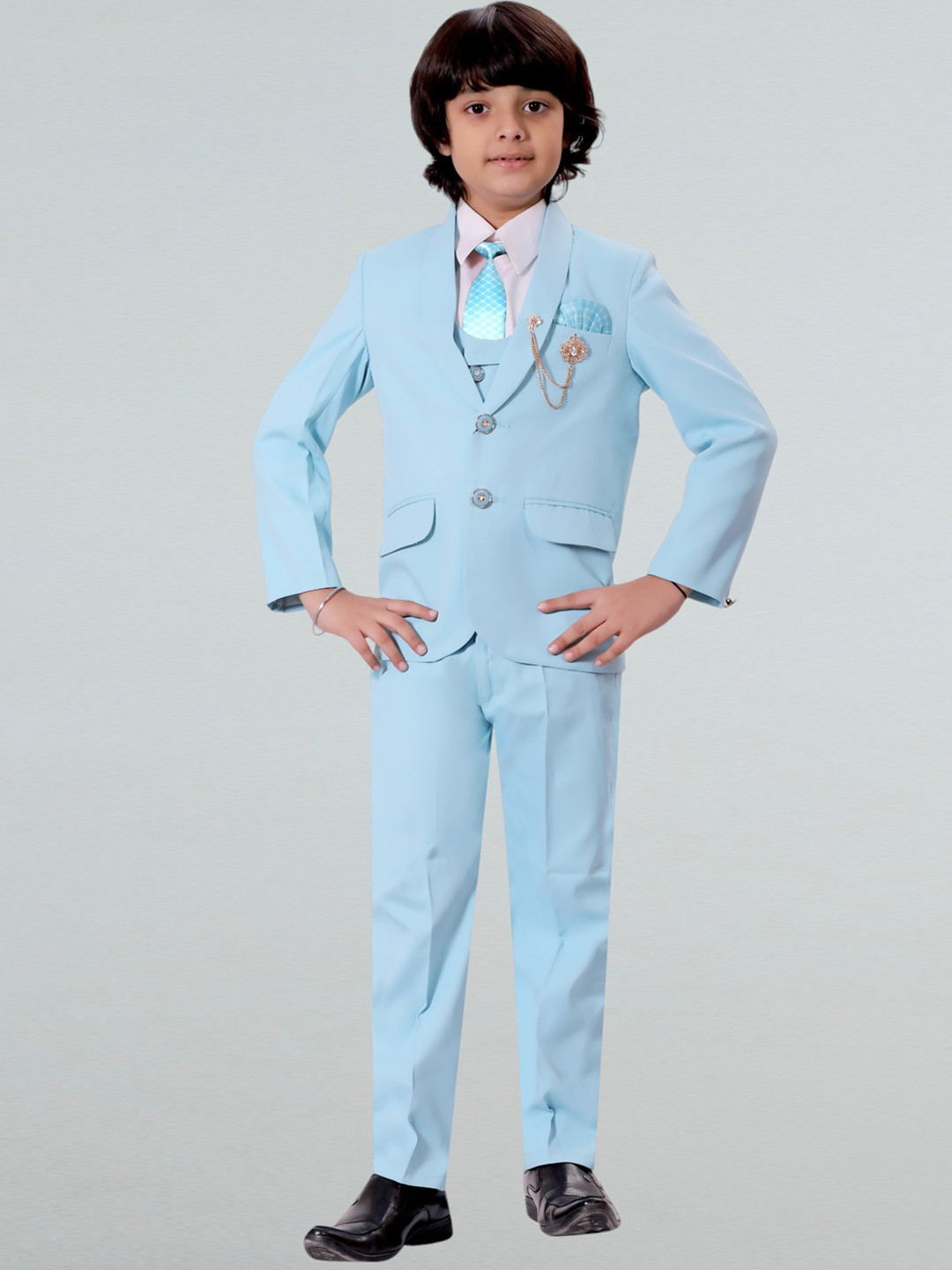 

BT DEZINES Boys 5-Piece Single Breated Suits, Turquoise blue