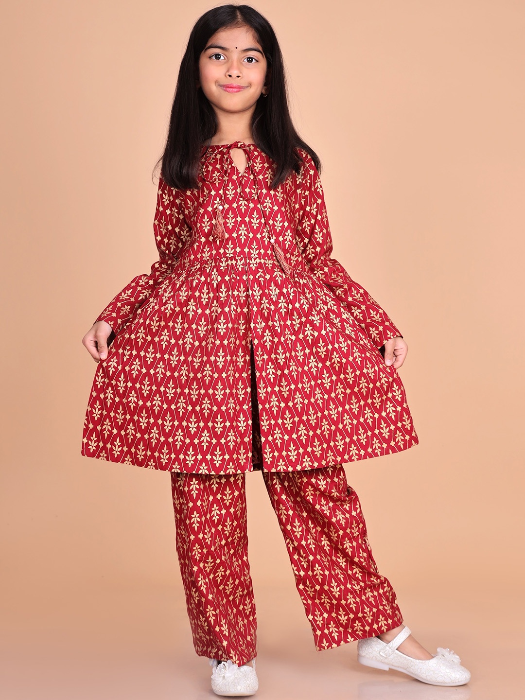 

BAESD Girls Ethnic Motifs Printed Empire Kurta with Palazzos, Maroon