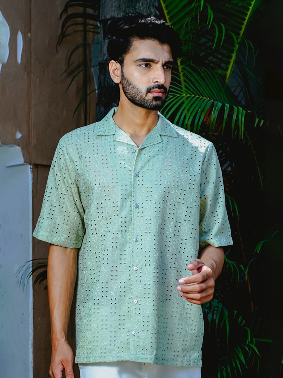 

Be Desi Relaxed Embroidered Semi Sheer Cotton Casual Shirt, Sea green