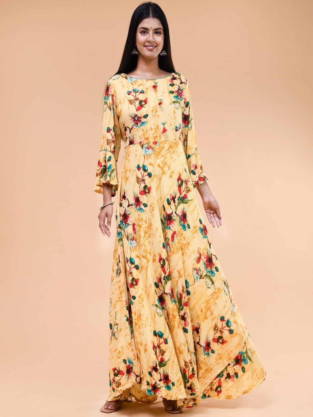 

Aspriya Floral Printed Maxi A-Line Ethnic Dress, Yellow