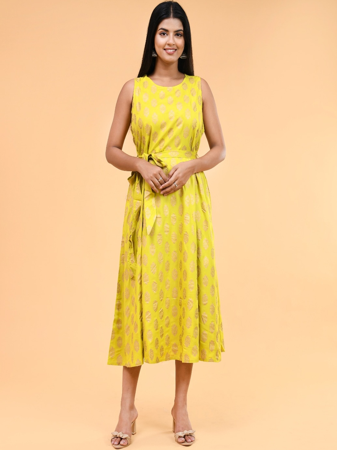 

Aspriya Ethnic Motifs Printed Fit & Flare Ethnic Dress, Lime green